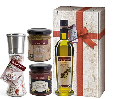 4 tlg Griechisches Olivenöl Geschenk-Set Weihnachten | Öl, Meersalz, Tapenade (Olivenpaste), Olivenpesto | in Geschenkkarton mit Holzoptik und Schlaufe | by ARISTOS (Öl-Salz-Pesto-Paste) 4 tlg Griechisches Olivenöl Geschenk-Set Weihnachten | Öl, Meersalz, Tapenade (Olivenpaste), Olivenpesto | in Geschenkkarton mit Holzoptik und Schlaufe | by ARISTOS (Öl-Salz-Pesto-Paste)